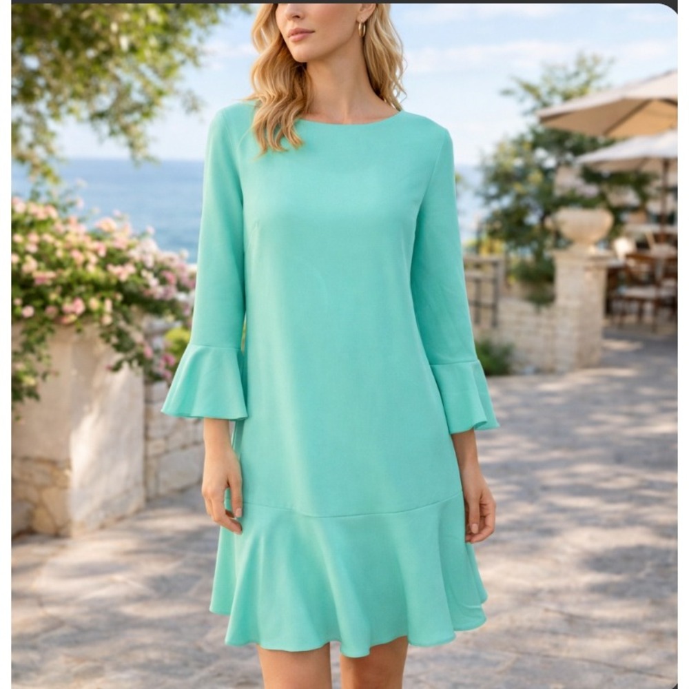 Sail to Sable Shift Dress Size 4 Mint Green Bell Sleeve Ruffle‎ Hem Cruise Vaca